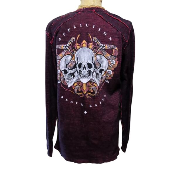 Affliction Dark Red Long Sleeve Skull T-shirt size L - Picture 3 of 3